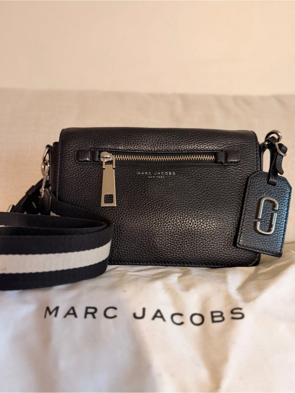 Marc Jacobs Black Leather Messenger Bag with Striped Strap